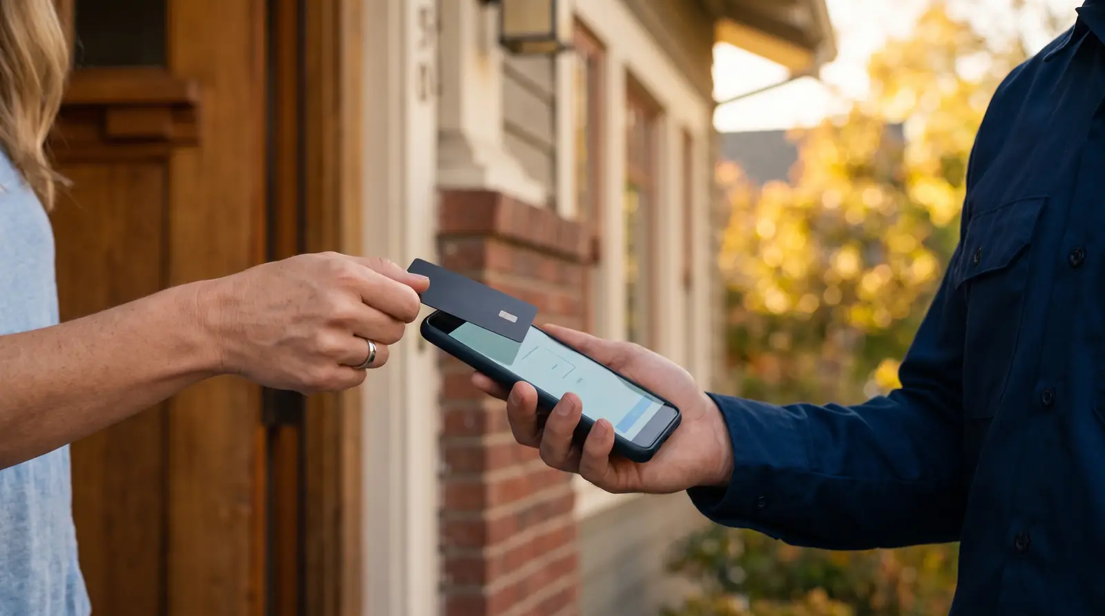 A homeowner taps a card on a technician’s Android phone at the job site.