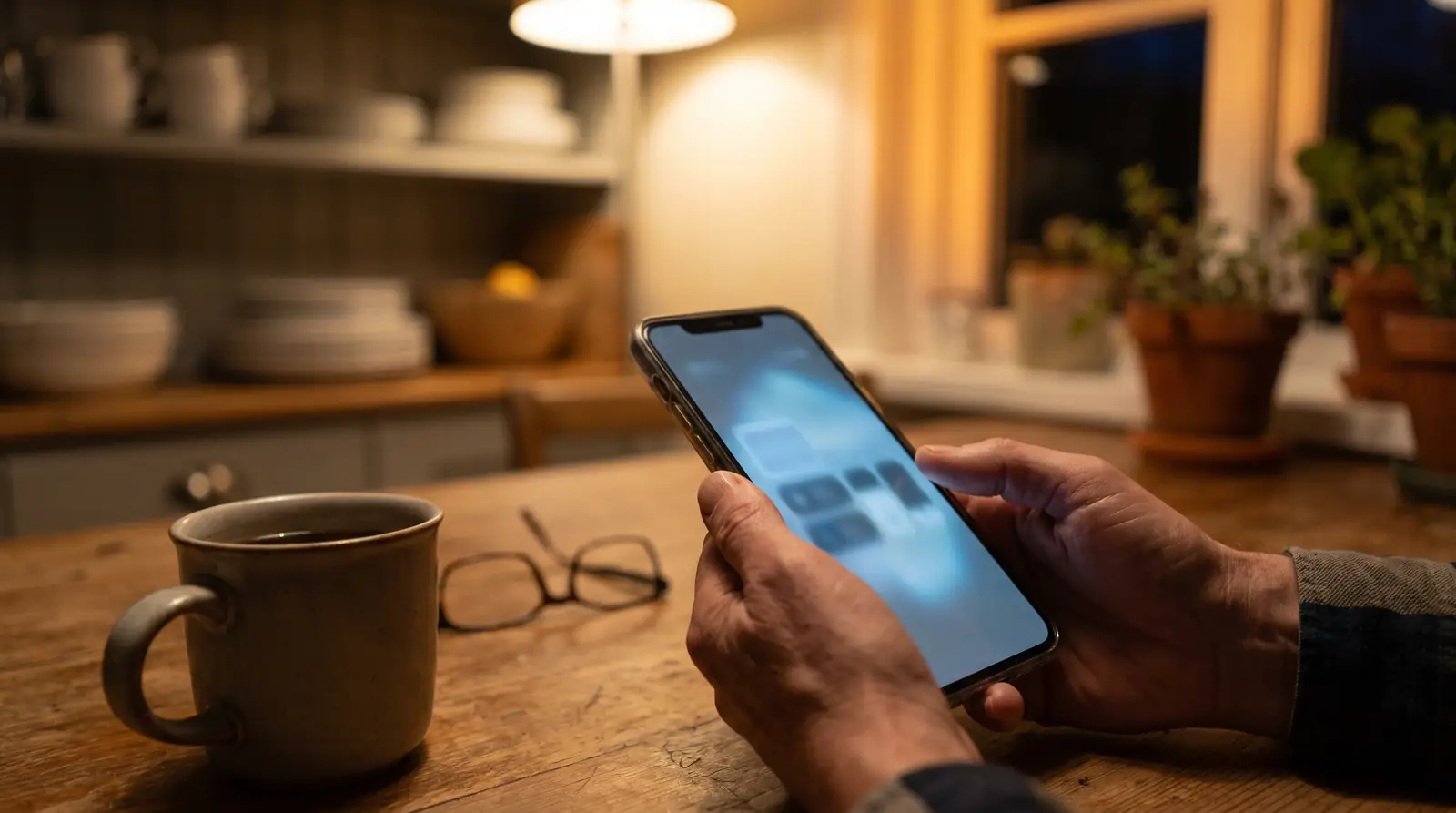 A homeowner reviews a financing plan on their phone at the kitchen table.