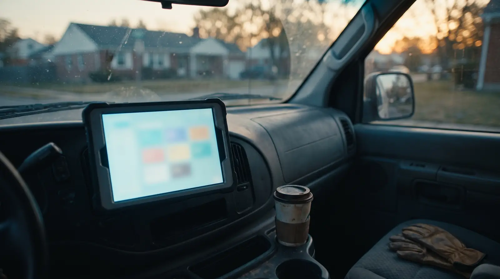 A tablet on a van dashboard showing the day’s scheduled jobs.
