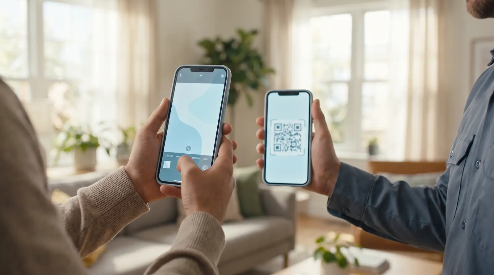 A customer scans a QR code from a service pro’s phone to open checkout on their own device.